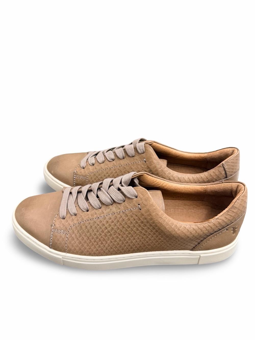 Frye Ivy Low Lace Sneakers Tan Snake Embossed Leather NWOB Size 9.5